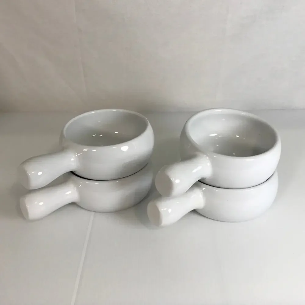 Pier 1 Imports Retro Cottage White Side Handle Ceramic Soup Bowl Set of 4